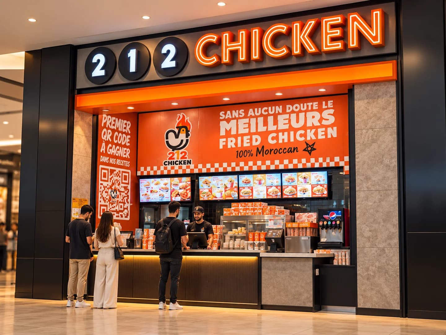 Illustration d’une devanture 212 Chicken dans un centre commercial